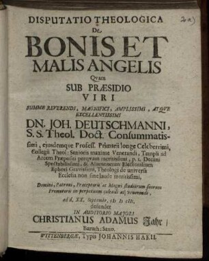 Disputatio Theologica De Bonis Et Malis Angelis