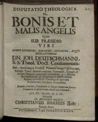 Disputatio Theologica De Bonis Et Malis Angelis