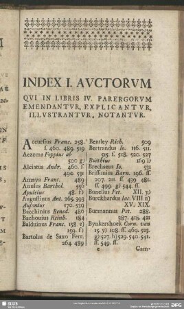 Index I. Auctorum Qui In Libris IV. Parergorum Emendantur, Explicantur, Illustrantur, Notantur