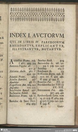 Index I. Auctorum Qui In Libris IV. Parergorum Emendantur, Explicantur, Illustrantur, Notantur