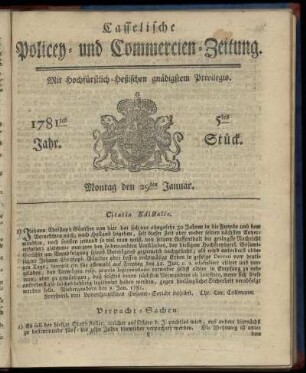1781tes Jahr. 5tes Stück. Montag den 29ten Januar