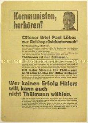 Aufruf der SPD an KPD-Anhänger zur Wahl von Paul von Hindenburg zum Reichspräsidenten 1932
