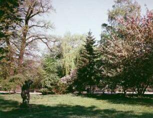 Dresden. Zoologischer Garten mit Skulptur von Erich Hösel : Dresden. Partie im Zoologischen Garten (1859-1861; Peter Joseph Lenné) mit Bronzeskulptur von Erich Hösel (Ein mit einem Tier kämpfender Afrikaner), 1894