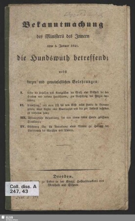 Bekanntmachung des Ministerii des Innern vom 5. Januar 1841, die Hundswuth betreffend : nebst kurzen und gemeinfaßlichen Belehrungen