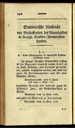 Summarische Nachricht von Beschaffenheit des Abzugsgeldes in herzogl. Sachsen-Weimarschen Landen.-