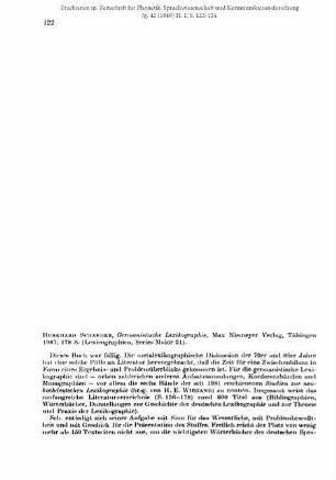 Burkhard Schaeder: Germanistische Lexikographie, Max Niemeyer Verlag, Tübingen 1987, 178 S. (Lexicographica, Series Maior 21). [Rezension]
