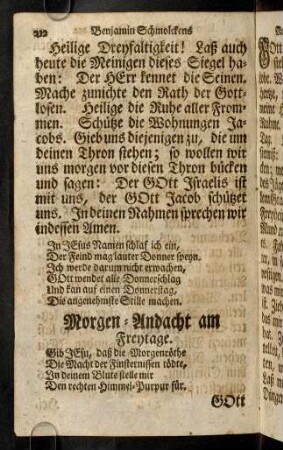 212-223, Morgen-Andacht am Freytage. Abend-Andacht am Freytage.