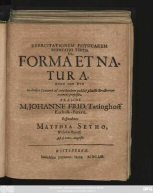 Exercitationum Physicarum Disputatio Tertia. De Forma Et Natura