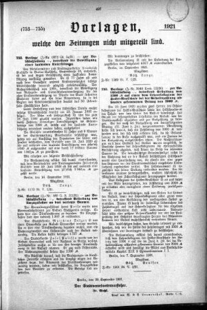 Anlagen: (753-755), Vorlagen, welche den Zeitungen nich mitgeteilt sind, 30. September 1921
