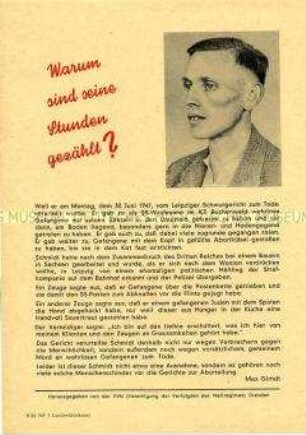 Propagandaflugblatt der VVN zur Verurteilung eines ehemaligen SS-Wachmannes aus dem KZ Buchenwald