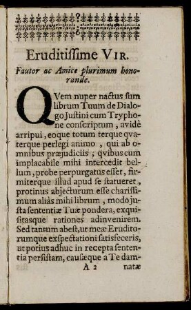 Eruditissime Vir. Fautor ac Amice plurimum honorande