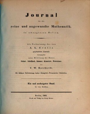 Journal für die reine und angewandte Mathematik. 61. 1863