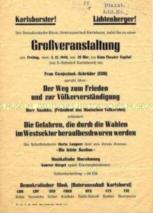 Einladung des Demokratischen Blocks von Berlin- Karlshorst zu einer Veranstaltung über die separaten Wahlen in den Westektoren