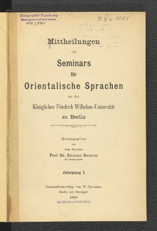 1.1898: Mitteilungen des Seminars für Orientalische Sprachen an der Friedrich Wilhelms-Universität zu Berlin