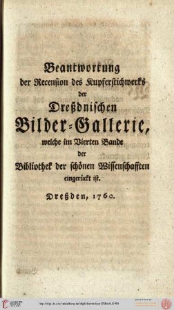 Beantwortung der Recension des Kupferstichwerks der Dresdnischen Bilder-Gallerie
