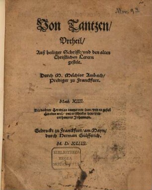Von Tantzen, Vrtheil, Auß heiliger Schrifft, vnd den alten Christlichen Lerern gestelt