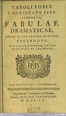 Caroli Poree E Societate Jesu Sacerdotis Fabulae Dramaticae