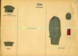 Uniformdarstellung, Schema der Helme, Waffenröcke, Hosen und Achselstücke von Krankenträgern des Bayerischen Train, Deutsches Kaiserreich, 1916.