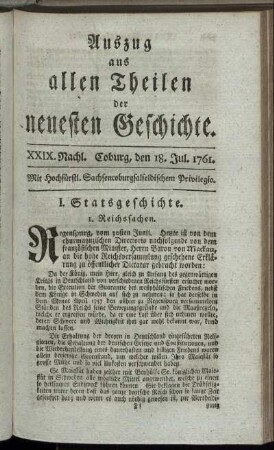 XXIX. Nachl. Coburg, den 18. Jul. 1761.