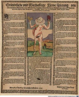 Gründtliche und Warhafftige Newe Zeittung/ von einer unerhörten Mißgeburt/ so zur Liben in Ober Laußnitz/ eines armen Hirten Weib geboren/ recht unnd Natürlich wie in dieser Figur zu sehen/ geschehen den 10. Novembris Anno 1598. : In Gesangweiß gestelt/ In Thon/ Kompt her zu mir spricht GOTTES Sohn