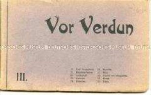 Postkartenblock mit Ansichten von kriegszerstörten Städten und Dörfern vor Verdun