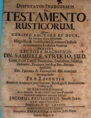 Disputatio Inauguralis De Testamento Rusticorum
