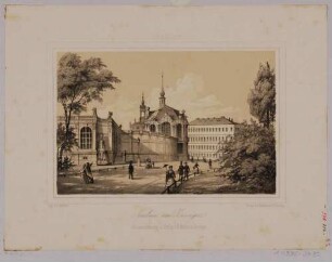 Ansicht des Zwingers in Dresden, Blick vom Theaterplatz auf den Glockenspielpavillon, im Hintergrund das Taschenbergpalais