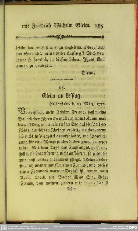 68. Gleim an Lessing. Halberstadt, d. 25. März, 1772