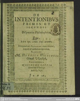De intentionibus primis et secundis disputatio philosophica