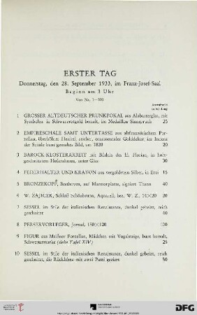 Erster Tag: Donnerstag, den 28. September 1933, im Franz-Josef-Saal, Beginn um3 Uhr (Nr. 1-320)