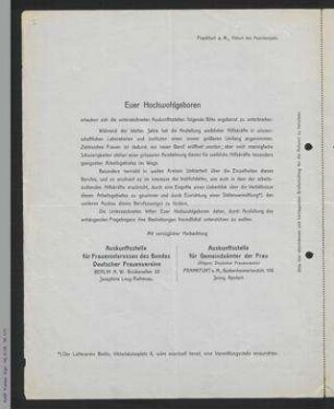 Fragebogen der Auskunftstelle für Gemeindeämter der Frau und der Auskunftstelle für Fraueninteressen des Bundes Deutscher Frauenvereine betr. Anstellung weiblicher Hilfskräfte in wissenschaftlichen Laboratorien und Instituten