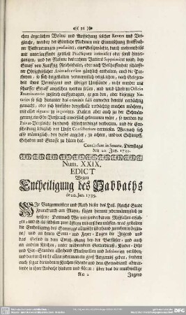Num. XXIX. Edict Wegen Entheiligung des Sabbaths de 20. Jan. 1739