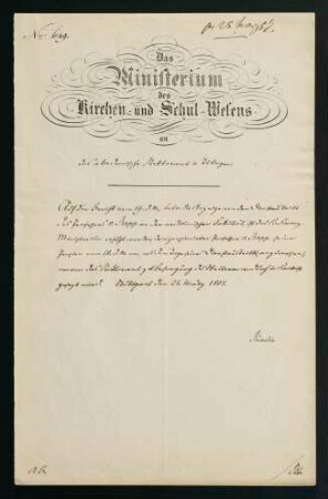 Das Ministerium des Kirchen- und Schulwesens an das akad. Rektoramt: Versetzung Rapps in den Pensionsstand (1856/1857)