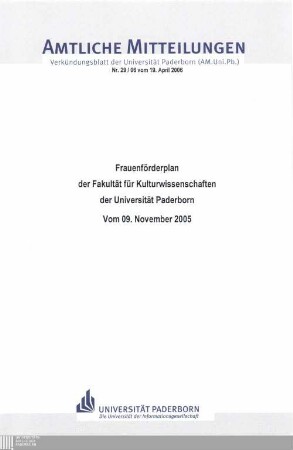 Frauenförderplan der Fakultät für Kulturwissenschaften der Universität Paderborn : vom 09. November 2005