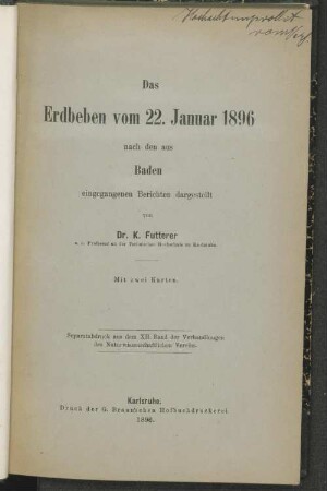 Das Erdbeben vom 22. Januar 1896 nach den aus Baden eingegangenen Berichten dargestellt