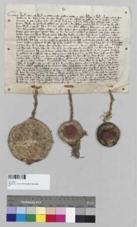 Die Herzöge Heinrich, Otto und Heinrich von Bayern, auf deren Bitten die Äbtissin von Seligenthal Adelheid Bruckberger aus Murnau aufgenommen hat, vermachen dem Kloster zweieinhalb Höfe zu Oberellenbach (? Aelnpach). S1: Heinrich, Herzog von Bayern, S2: Otto, Herzog von Bayern, S3: Heinrich, Herzog von Bayern