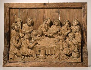 Relief einer Altarpredella mit dem Letzten Abendmahl: Jesus reicht Judas das Brot