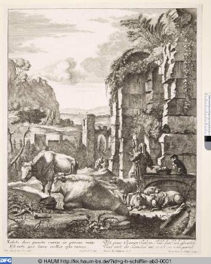Bäuerin mit Viehherde an einer Ruine rastend