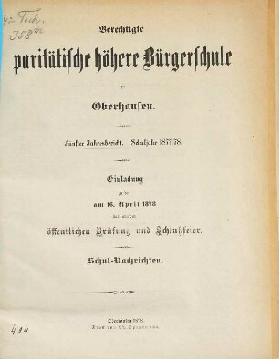 Jahresbericht : Schuljahr ..., 1877/78 = Jahresb. 5
