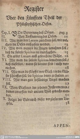Register Uber den Fünfften Theil der Philosophischen Oefen.
