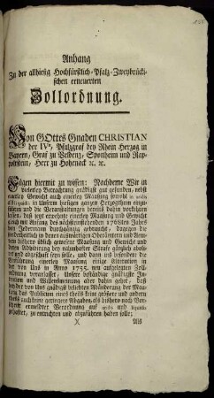 Anhang Zu der allhiesig Hochfürstlich-Pfalz-Zweybrückischen erneuerten Zollordnung : [Zweybrücken den 27. Sept. 1767.]