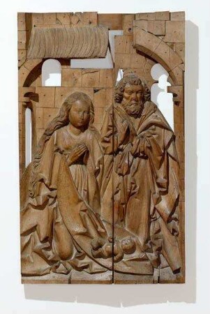 Geburt Christi, aus einer Gruppe mit vier Szenen des Marienlebens vom Marienaltar der Kirche Heilig Kreuz in Coburg. Zugehörig: Maria auf der Mondsichel und zwei Engel