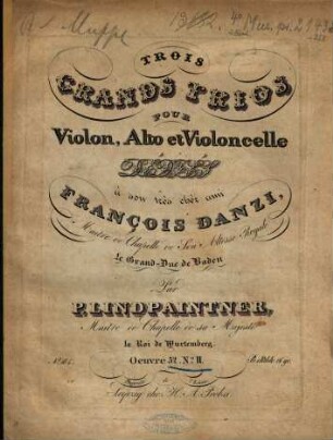 Trois grands trios : pour violon, alto et violoncelle ; oeuv. 52. 2. [circa 1826]. - Pl.Nr. 184b. -Vl (17 S.) Va (15) Vc (13)