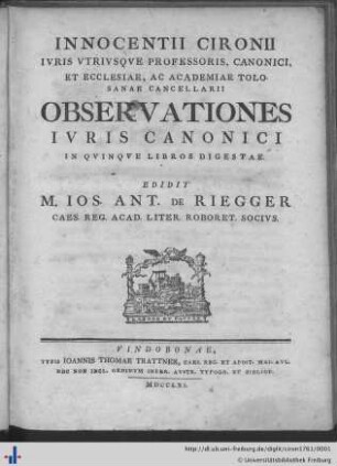 Innocentii Cironi... observationes ivris canonici : in qvinqve libros digestae