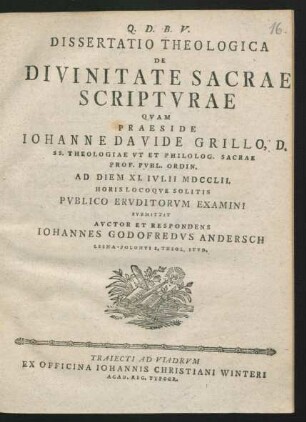 Dissertatio Theologica De Divinitate Sacrae Scripturae
