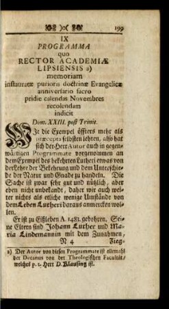 IX. Programma quo Rector Academiae Lipsiensis memoriam instauratae, purioris doctrinae Evengelicae anniversario sacro ...