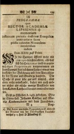 IX. Programma quo Rector Academiae Lipsiensis memoriam instauratae, purioris doctrinae Evengelicae anniversario sacro ...