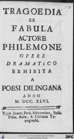 Tragoedia Ex Fabula Actore Philemone : Opere Dramatico Exhibita a Poesi Dilingana Anno M.DCC.XLVI.