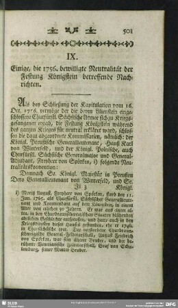 IX. Einige, die 1756. bewilligte Neutralität der Festung Königstein betreffende Nachricht