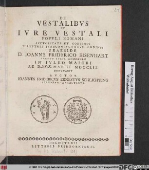 De Vestalibvs Et Ivre Vestali Popvli Romani : Avctoritate Et Consensv Illvstris Ivreconsvltorvm Ordinis